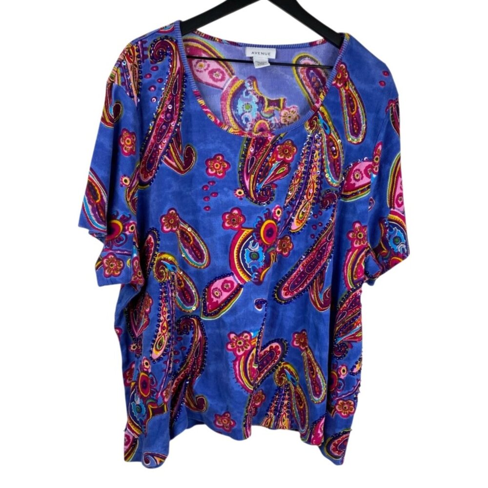 Avenue Women's Blue Paisley Sequined Cotton Ribbed Top Plus Size 30/32 Boho